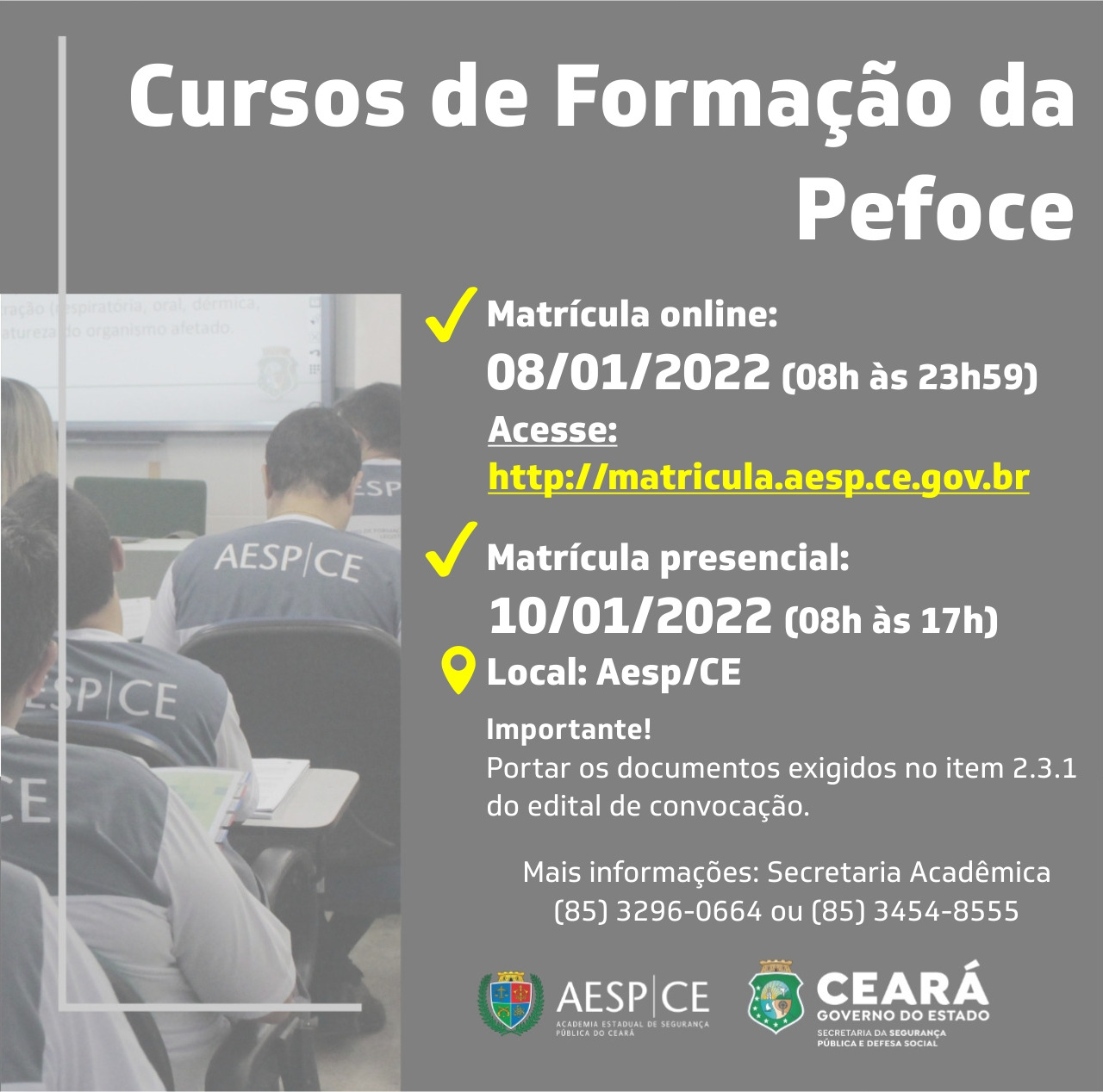 Publicado edital de convocação para matrícula no Curso de Formação da Pefoce